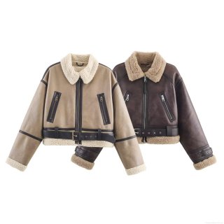 Women's Faux Shearling Biker Jacket Synthetic Leather Lapel Zip Up Short Loose Aviator Coat For Autumn Winter Women Clothing