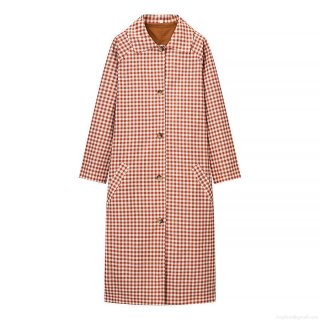 Women's Retro Red White Gingham Long Trench Coat 100% Polyester Windproof Lapel Single Breasted Loose Fitting Long Sleeve Jacket Streetwear Windbreaker
