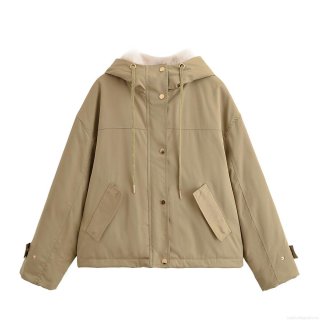 Women's Fashion Khaki Hooded Padded Jacket 100% Polyester Windproof Zip-Up Outerwear Loose Fit Long Sleeve Puffer Coat For Autumn Winter Streetwear