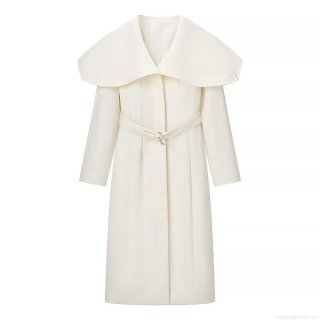 Women's Long Woolen Coat Elegant Large Lapel Trench Coat With Belt Solid White Thick Warm Outerwear Autumn Winter European Streetwear Ladies Fashion Jacket