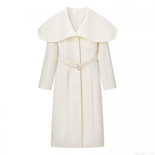 Women's Long Woolen Coat Elegant Large Lapel Trench Coat With Belt Solid White Thick Warm Outerwear Autumn Winter European Streetwear Ladies Fashion Jacket