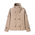 Women's Double Breasted Woolen Blend Coat With Stand Collar Short Pea Coat Jacket Solid Camel Outerwear For Autumn Winter Streetwear Ladies