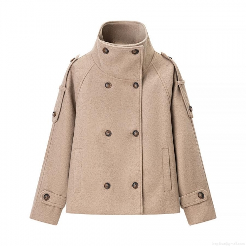 Women's Double Breasted Woolen Blend Coat With Stand Collar Short Pea Coat Jacket Solid Camel Outerwear For Autumn Winter Streetwear Ladies