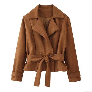 Women's Suede Jacket Double Breasted Belt Lapel Collar Long Sleeve Autumn Winter Streetwear Outerwear For Women Ladies Windproof Short Coat