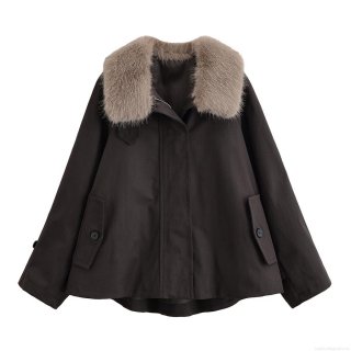 Women's Faux Fur Collar Polyester Jacket Solid Color Single Breasted Loose Trench Coat With Buttons Long Sleeve Autumn Casual Outerwear For Women