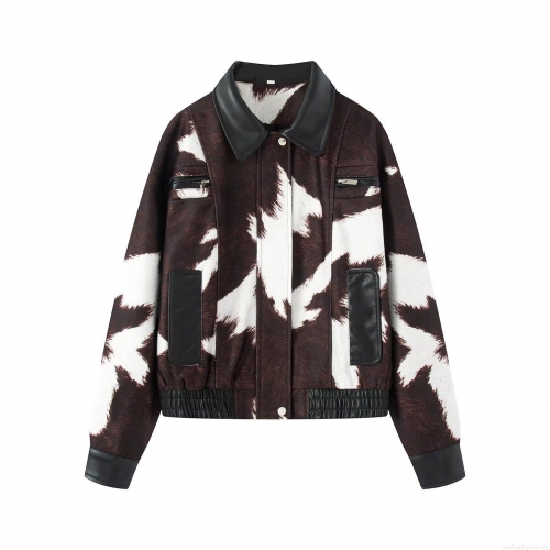 Women's Fashion Cow Print PU Leather Patchwork Jacket Vintage Animal Pattern Long Sleeve Turn-down Collar Zipper Outwear Streetwear Coat For Women