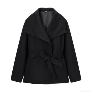 Women's European Style Solid Color Woolen Coat With Lapel Long Sleeve Waist Tie Mid-Length Polyester Blend Jacket For Autumn Winter