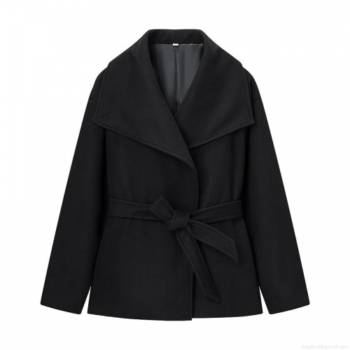 Women's European Style Solid Color Woolen Coat With Lapel Long Sleeve Waist Tie Mid-Length Polyester Blend Jacket For Autumn Winter