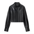 Women PU Leather Jacket Stand Collar Long Sleeve Zipper Bomber Jacket Outerwear European Street Style Short Biker Coat Lady Black Solid Color Autumn