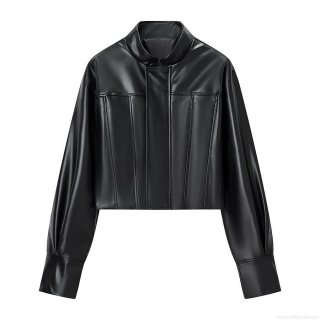 Women PU Leather Jacket Stand Collar Long Sleeve Zipper Bomber Jacket Outerwear European Street Style Short Biker Coat Lady Black Solid Color Autumn