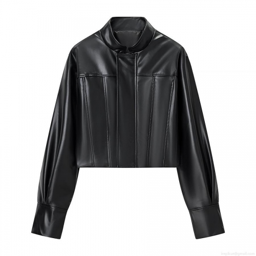 Women PU Leather Jacket Stand Collar Long Sleeve Zipper Bomber Jacket Outerwear European Street Style Short Biker Coat Lady Black Solid Color Autumn