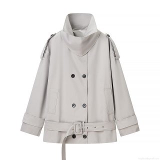Women's Double Breasted Trench Coat 100% Polyester Long Sleeve Stand Collar Jacket With Belt Fashion Casual Street Style Autumn Winter Outerwear For Women