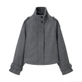 Women's Stand Collar Woolen Texture Jacket Casual Grey Short Coat With Epaulettes And Sleeve Straps Streetwear Style Outerwear For Autumn Winter Women's Fashion