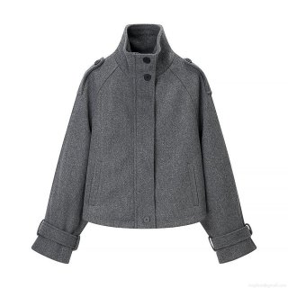 Women's Stand Collar Woolen Texture Jacket Casual Grey Short Coat With Epaulettes And Sleeve Straps Streetwear Style Outerwear For Autumn Winter Women's Fashion