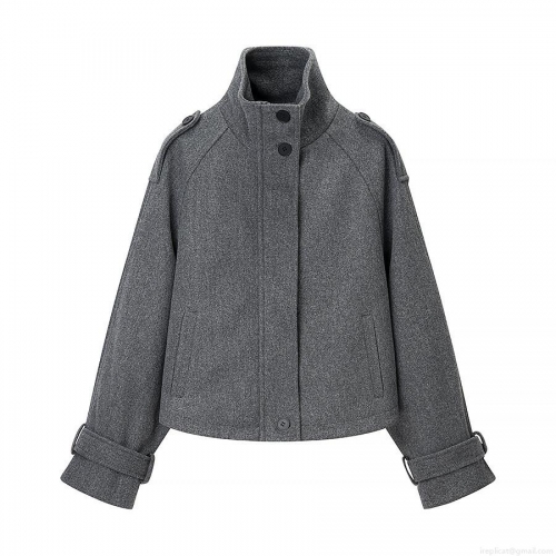 Women's Stand Collar Woolen Texture Jacket Casual Grey Short Coat With Epaulettes And Sleeve Straps Streetwear Style Outerwear For Autumn Winter Women's Fashion