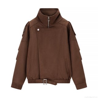 Women's Casual Faux Suede Jacket Stand Collar Belted Hem Long Sleeve Zipper Coat With Pockets Vintage Streetwear For Autumn Winter