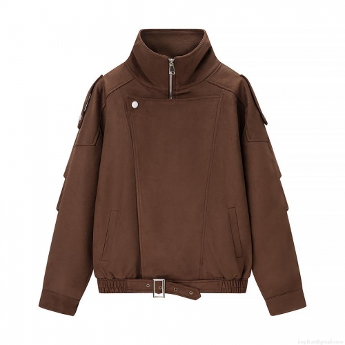 Women's Casual Faux Suede Jacket Stand Collar Belted Hem Long Sleeve Zipper Coat With Pockets Vintage Streetwear For Autumn Winter