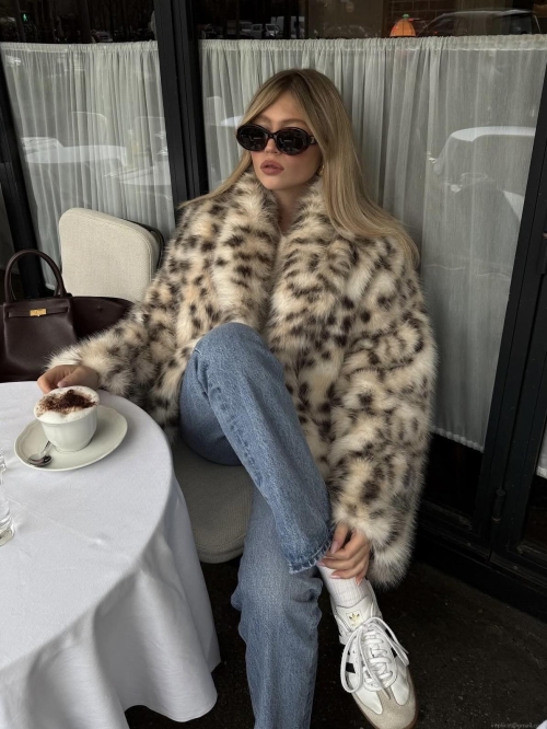 Women Leopard Print Faux Fur Jacket Long Sleeve Lapel Thick Warm Winter Outerwear Streetwear Fashion Spotted Plush Overcoat For Ladies