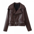Women's PU Leather Biker Jacket Long Sleeve Lapel Collar Belted Loose Fit Solid Color Coffee Moto Coat Streetwear Casual Outerwear With Pockets