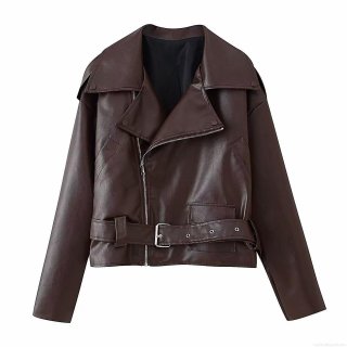 Women's PU Leather Biker Jacket Long Sleeve Lapel Collar Belted Loose Fit Solid Color Coffee Moto Coat Streetwear Casual Outerwear With Pockets