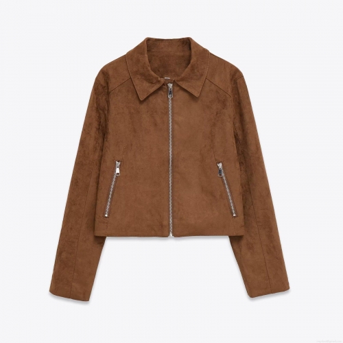 Women's Faux Suede Jacket Zipper Closure Lapel Collar Long Sleeve Solid Color Casual Streetwear Short Coat Outerwear For Women Autumn Winter