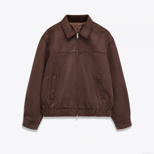 Women's Faux Suede Jacket Lapel Collar Long Sleeve Zipper Up Outerwear European American Streetwear Casual Solid Color Coat For Autumn Winter