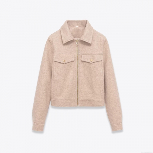 Women's Short Jacket Oatmeal Polyester Wool Look Lapel Zipper Outerwear Casual Streetwear Autumn Coat With Pockets For Women