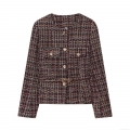 Elegant Women's Tweed Plaid Jacket With Belt Gold Buttons Round Neck Long Sleeve Polyester Blend Outerwear For Autumn Winter Office Streetwear