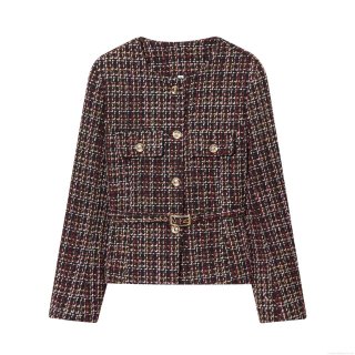Elegant Women's Tweed Plaid Jacket With Belt Gold Buttons Round Neck Long Sleeve Polyester Blend Outerwear For Autumn Winter Office Streetwear
