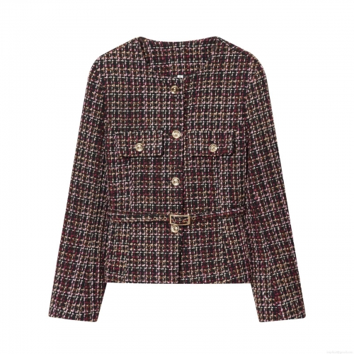 Elegant Women's Tweed Plaid Jacket With Belt Gold Buttons Round Neck Long Sleeve Polyester Blend Outerwear For Autumn Winter Office Streetwear