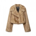Women Faux Fur Crop Jacket Lapel Open Front Fuzzy Shaggy Outerwear Solid Khaki Polyester Long Sleeve Coat Streetwear Autumn Winter
