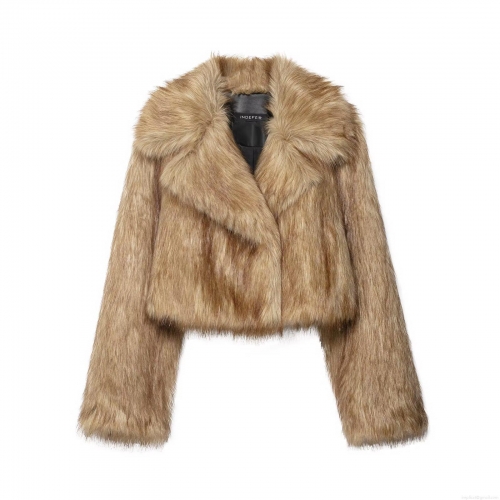 Women Faux Fur Crop Jacket Lapel Open Front Fuzzy Shaggy Outerwear Solid Khaki Polyester Long Sleeve Coat Streetwear Autumn Winter