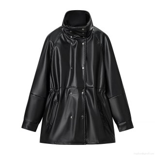 Women's Stand Collar PU Leather Jacket Long Sleeve Drawstring Waist Mid-Length Button Up Coat Autumn Winter Outerwear Fashion Streetwear Lady Windproof Jacket