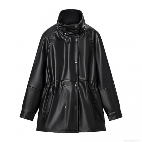 Women's Stand Collar PU Leather Jacket Long Sleeve Drawstring Waist Mid-Length Button Up Coat Autumn Winter Outerwear Fashion Streetwear Lady Windproof Jacket