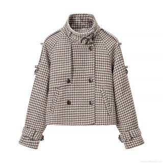 Vintage Houndstooth Woolen Coat For Women Autumn Winter Double Breasted Stand Collar Short Jacket With Belt Buckle Pockets Streetwear Fashion Polyester Blend Warm Outwear