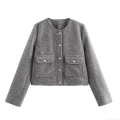 Women's Grey Tweed Jacket Round Neck Long Sleeve Single Breasted Outerwear With Pockets Casual Streetwear Autumn Winter Short Coat For Women