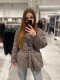 Women's Casual Wave Quilted Padded Jacket Round Neck Solid Color Streetwear Cotton Coat With Tie Waist Zipper Autumn Winter Outwear
