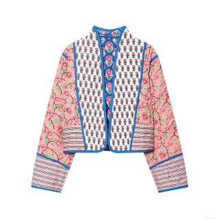 Women's Patchwork Quilted Jacket Bohemian Floral Print Long Sleeve Outerwear Padded Cotton Coat Casual V-Neck Streetwear Jackets For Women