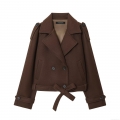 Women's European Style Double Breasted Woolen Coat With Belt Fashion Lapel Long Sleeve Short Jacket Autumn Winter Streetwear Outerwear