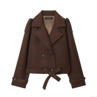 Women's European Style Double Breasted Woolen Coat With Belt Fashion Lapel Long Sleeve Short Jacket Autumn Winter Streetwear Outerwear