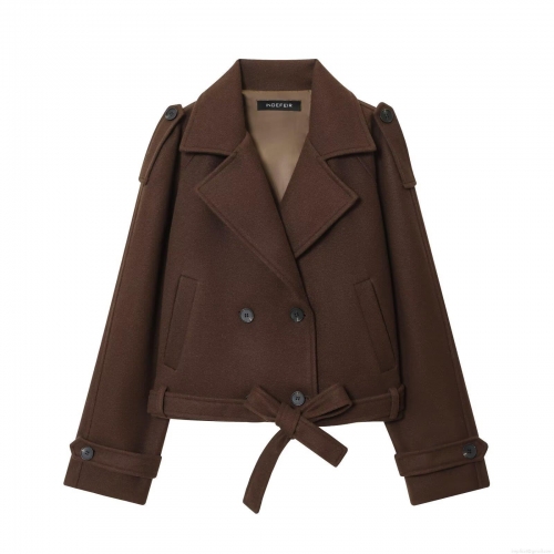 Women's European Style Double Breasted Woolen Coat With Belt Fashion Lapel Long Sleeve Short Jacket Autumn Winter Streetwear Outerwear