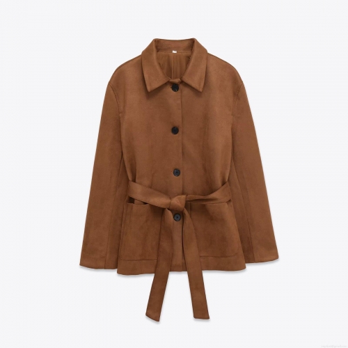 European Style Women's Autumn Winter Faux Suede Jacket Long Sleeve Lapel Coat With Belt And Pockets Single Breasted Casual Outerwear For Women