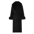 Women's Long Woolen Coat With Faux Fur Collar And Cuffs Elegant Solid Black Winter Overcoat With Tie-up Belt Street Style Jackets For Women
