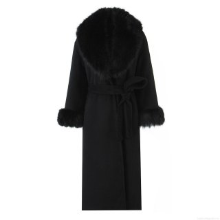 Women's Long Woolen Coat With Faux Fur Collar And Cuffs Elegant Solid Black Winter Overcoat With Tie-up Belt Street Style Jackets For Women