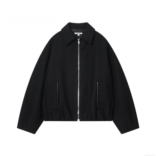 Women Streetwear Twill Woolen Jacket With Lapel Collar Metal Zipper Pocket Faux Leather Trim Loose Fit Long Sleeve Outerwear For Autumn Winter