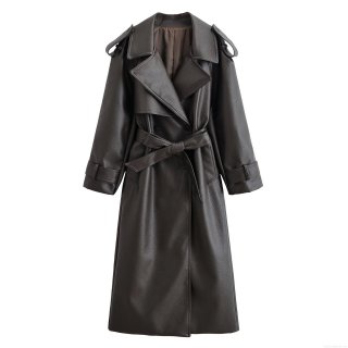 Women's PU Leather Trench Coat Double Breasted Long Jacket With Belt Windproof Faux Leather Overcoat Streetwear Outwear For Autumn Winter