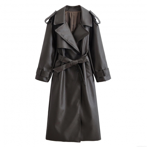 Women's PU Leather Trench Coat Double Breasted Long Jacket With Belt Windproof Faux Leather Overcoat Streetwear Outwear For Autumn Winter