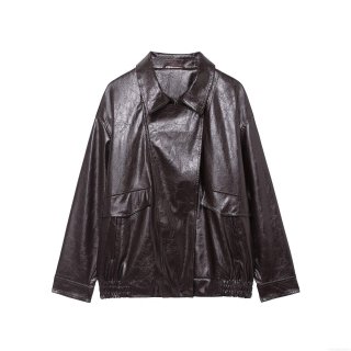 Women's Loose PU Faux Leather Jacket Vintage Lapel Long Sleeve Zip Up Biker Coat With Pockets Solid Color Streetwear Outerwear