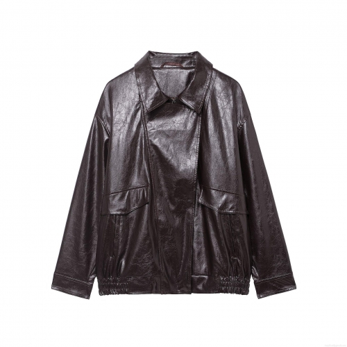 Women's Loose PU Faux Leather Jacket Vintage Lapel Long Sleeve Zip Up Biker Coat With Pockets Solid Color Streetwear Outerwear