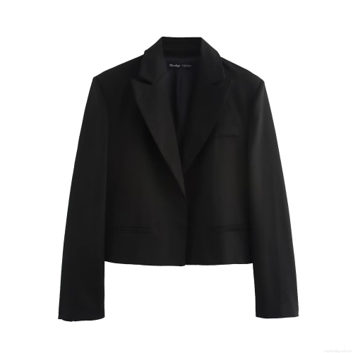 Women's Short Blazer Jacket Polyester Lapel Long Sleeve Solid Black Slim Fit Casual Streetwear Crop Suit Coat